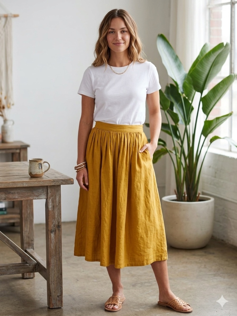 Linen 100% Lagenlook Bohemian Mustard Yellow Skirt , size M